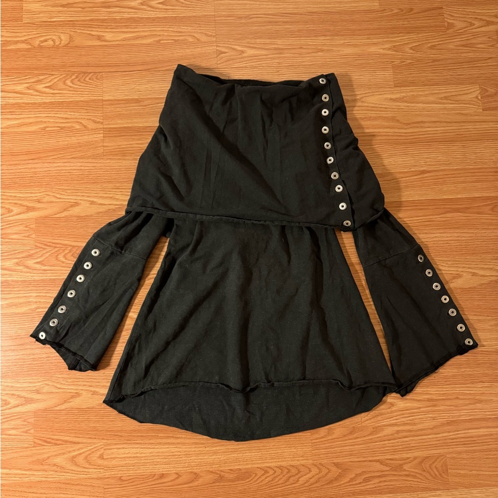 Industrial unique charcoal bell sleeved knit top with fold over neck grommets M